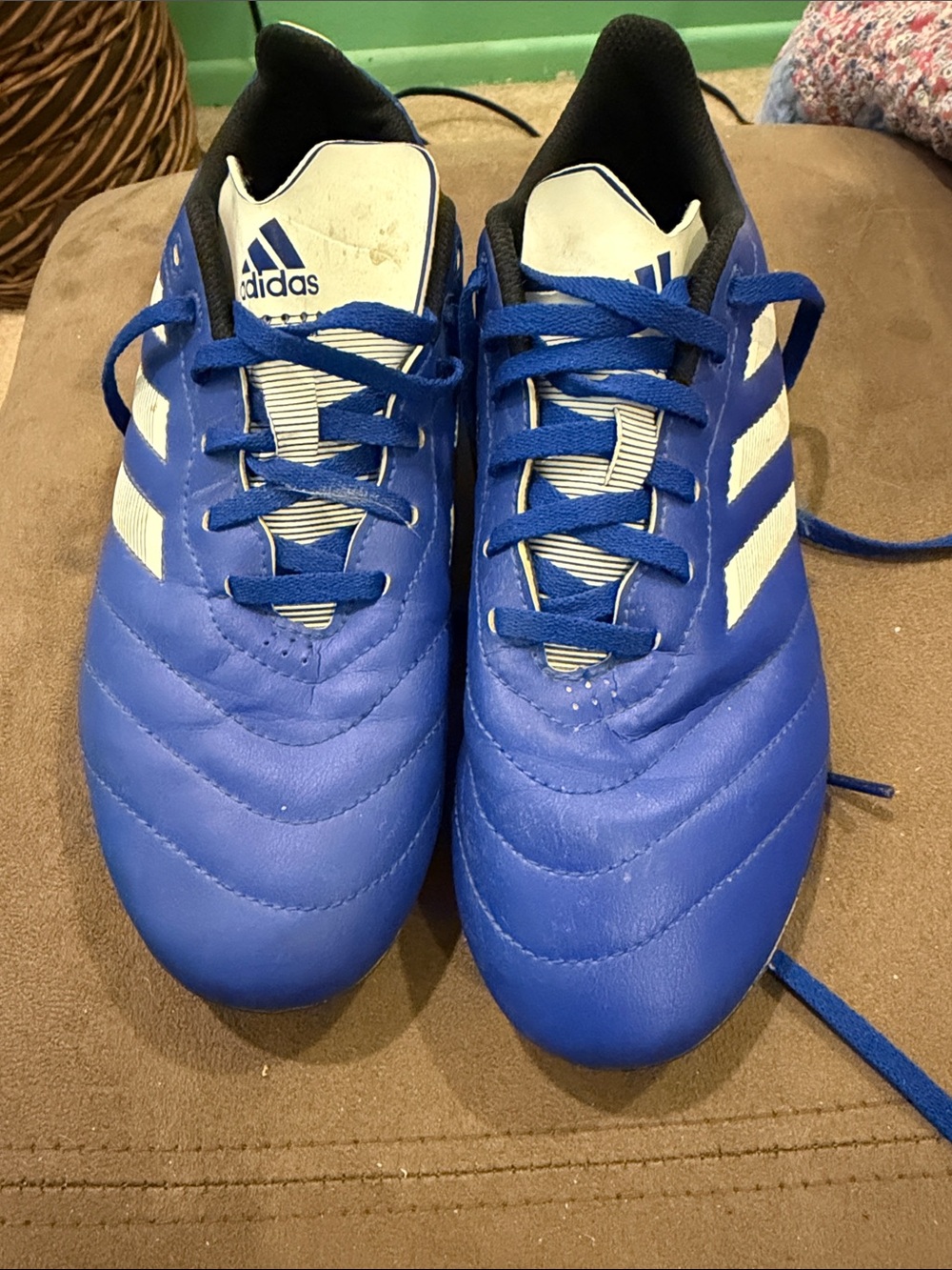 adidas Blue Soccer Cleats with White Stripes and Laces